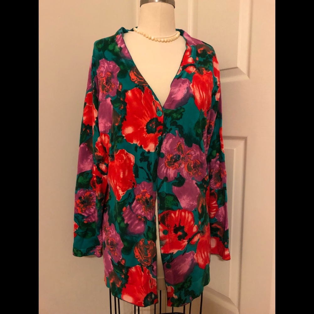Isaac Mizrahi Live LARGE Cardigan Floral Long Sleeve Colorful Flowers. NWOT